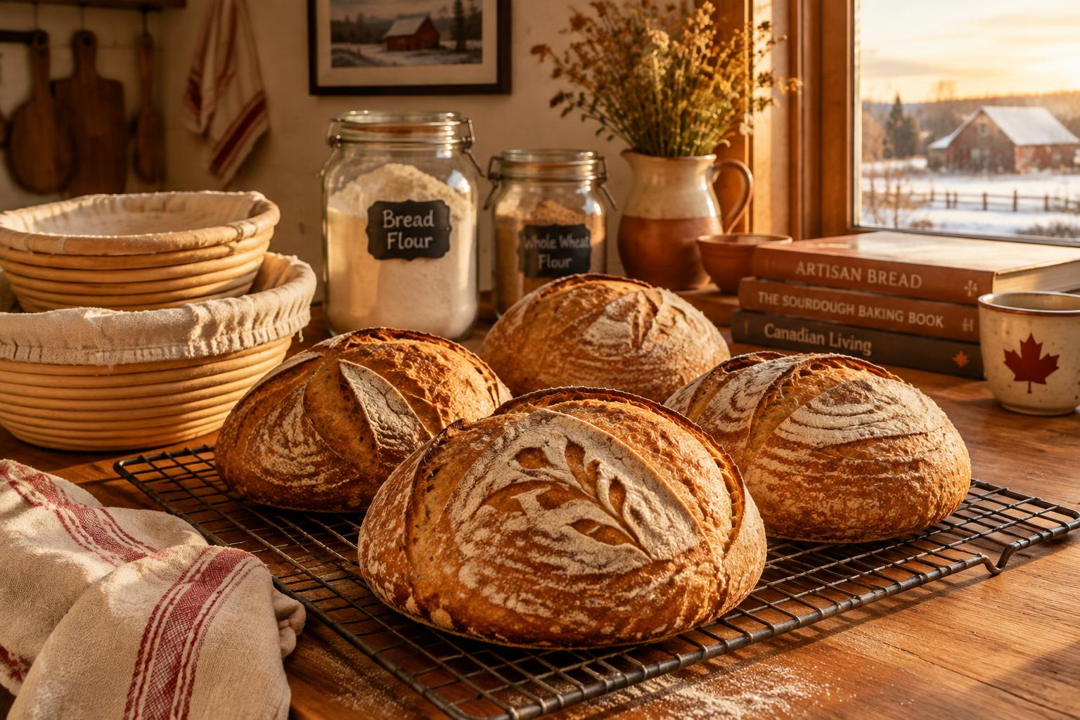 Freshly baked sourdough loaves cooling on bread day